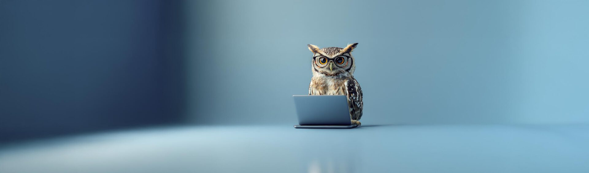 Owl wearing glasses sitting behind a laptop against a blue background.